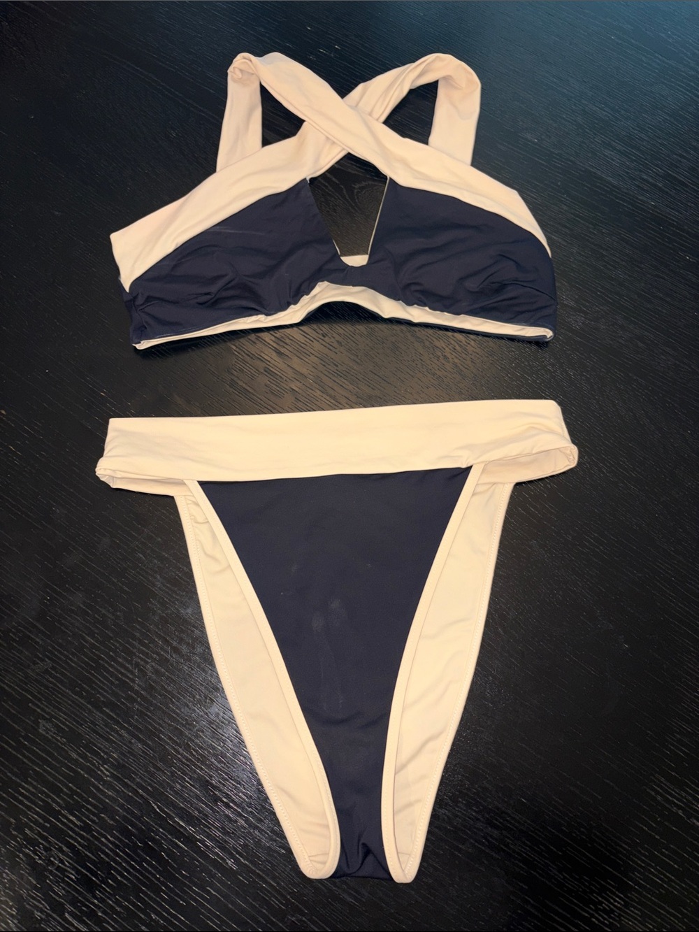 Two-Tone Navy and Cream Women’s Reversible Bikini Set